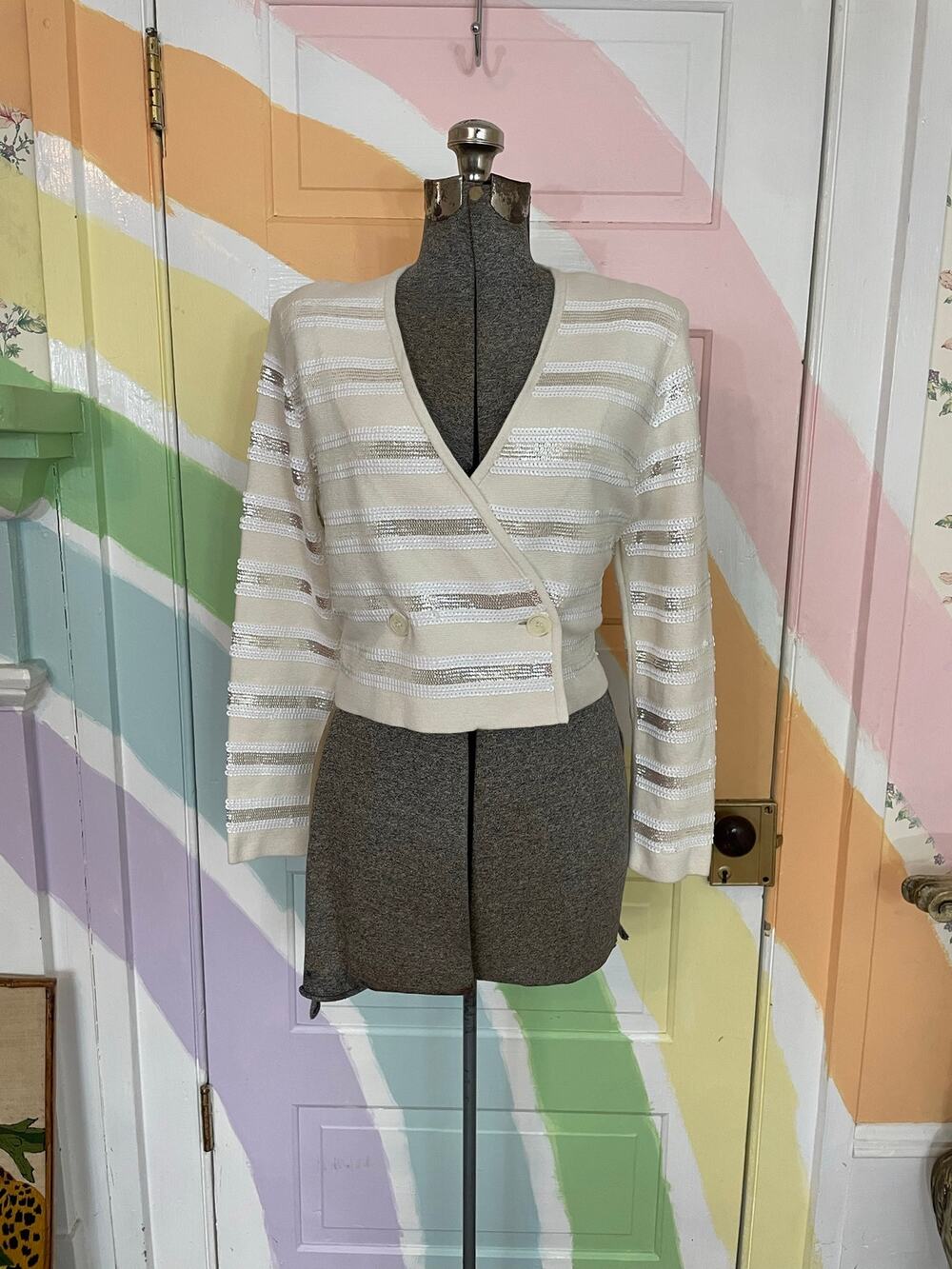 J.Crew Collection Sequin Wrap Cardigan Sweater Ivory Cotton Small